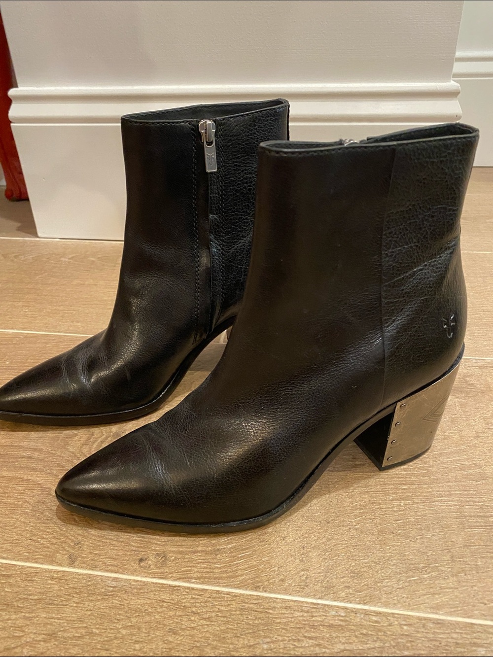 Frye Black Leather Pointed Toe Ankle Boots with Metal Covered Block Heel